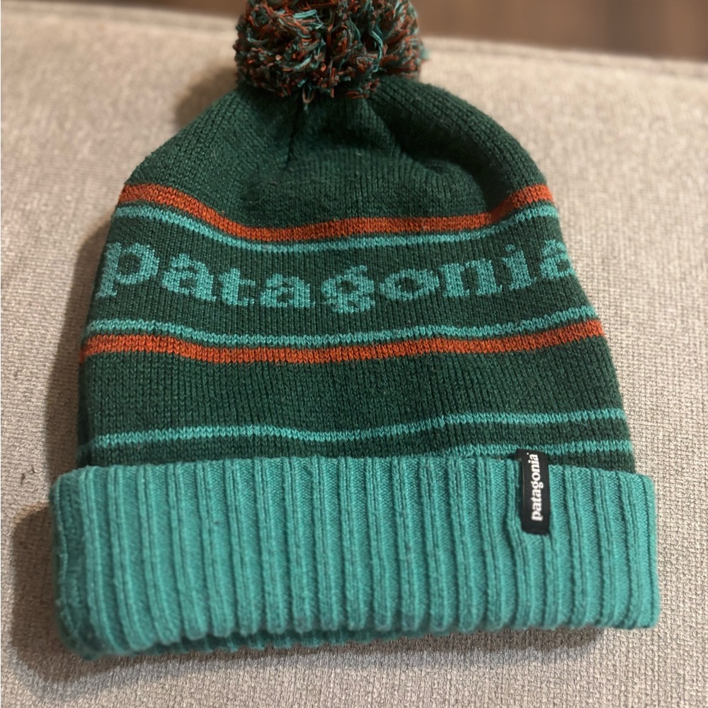 Patagonia Orange and Green Knit Hat with Pom-Pom